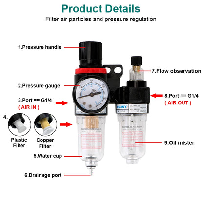 Regulador para compresor con trampa Agua-Aceite 1/4"